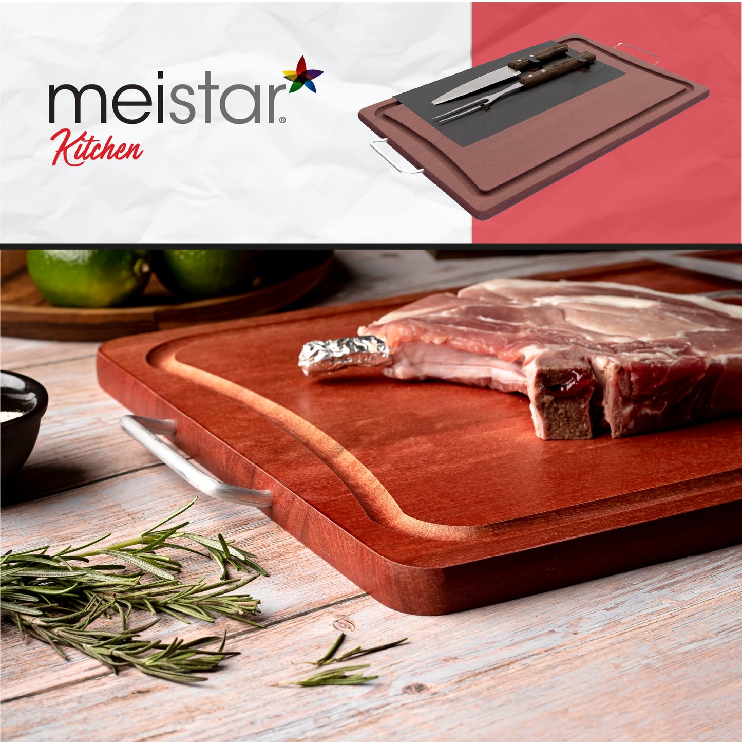 Meistar Premium Wooden Cutting Board with Stylish Metallic Handles - Includes BBQ Stainless Steel Knife and Fork Set