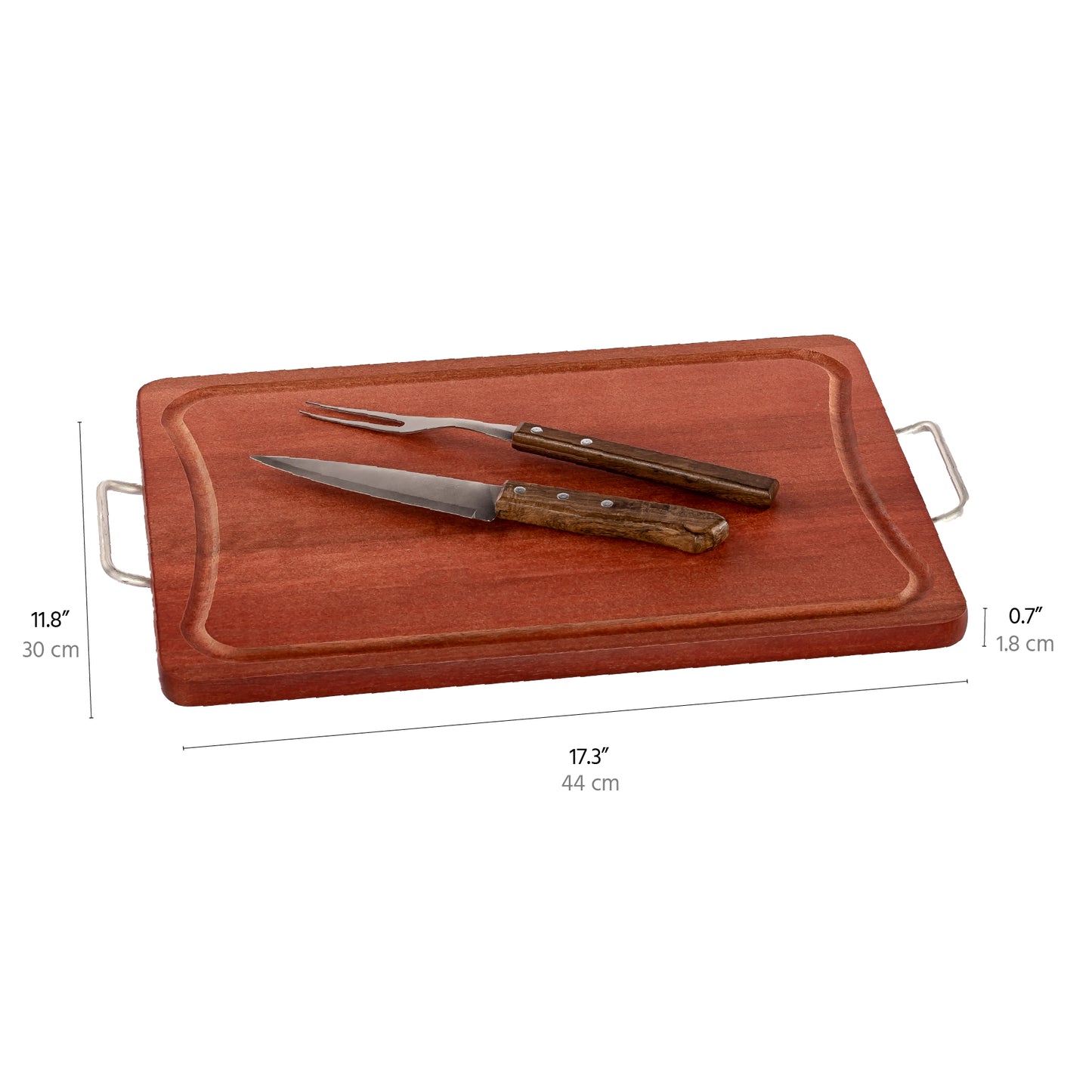 Meistar Premium Wooden Cutting Board with Stylish Metallic Handles - Includes BBQ Stainless Steel Knife and Fork Set