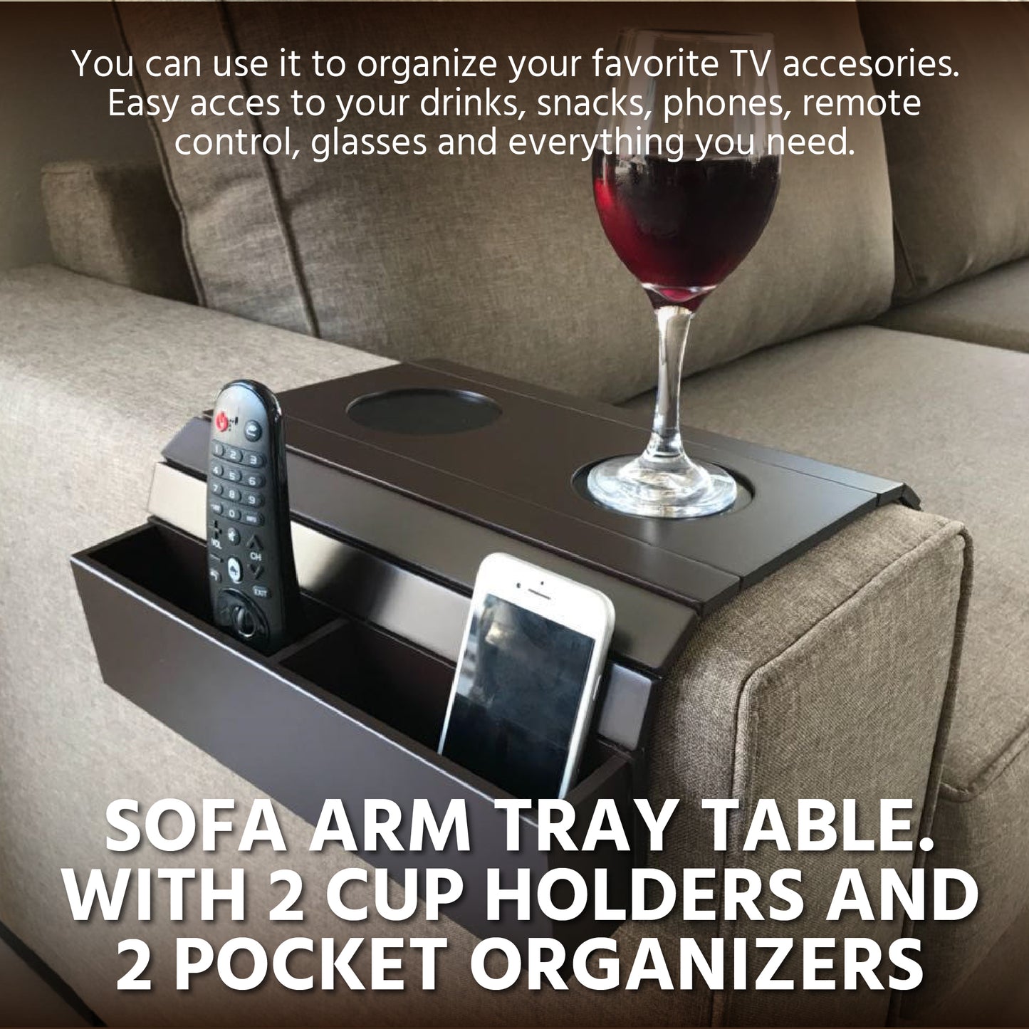 Sofa Arm Tray Table. Remote Control and Cellphone Organizer Holder