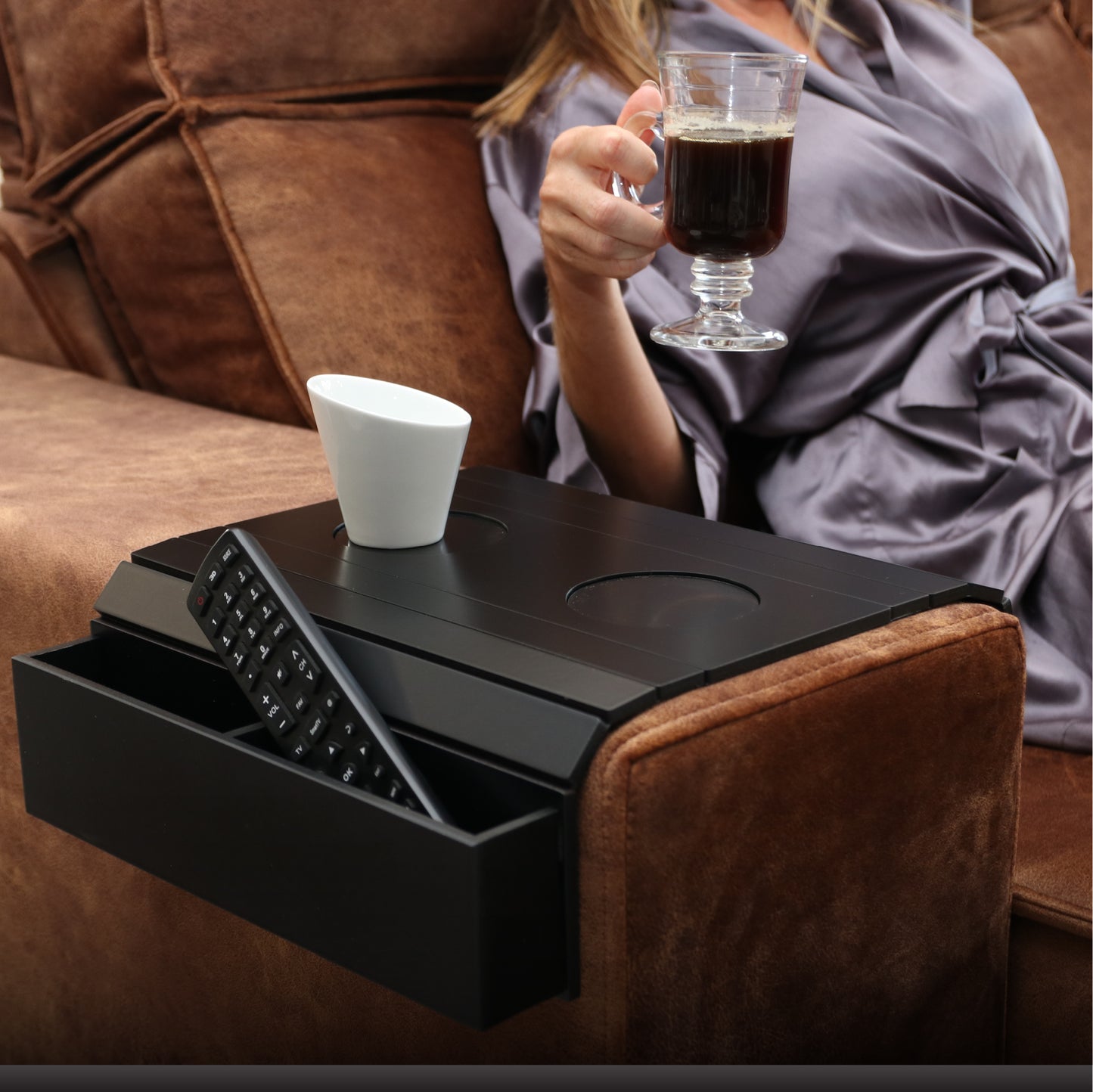 Sofa Arm Tray Table. Remote Control and Cellphone Organizer Holder