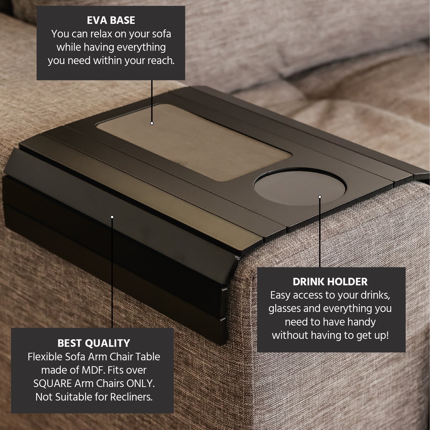 Sofa Tray Table with EVA Base and Couch Cup Holder. Remote Control and Cellphone Organizer, Arm Rest Organizer. Fits Over Square Chair arms.