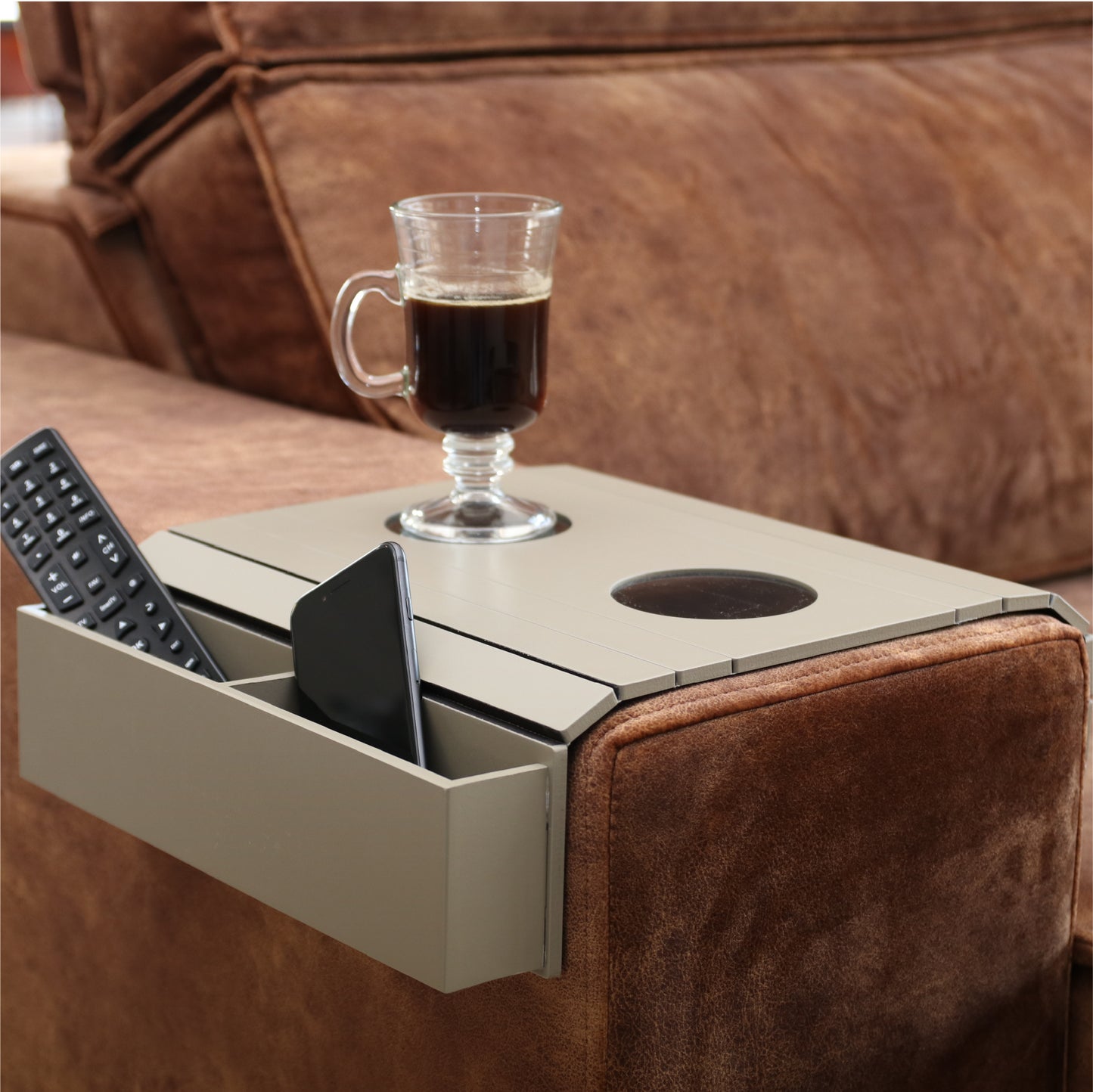 Sofa Arm Tray Table. Remote Control and Cellphone Organizer Holder