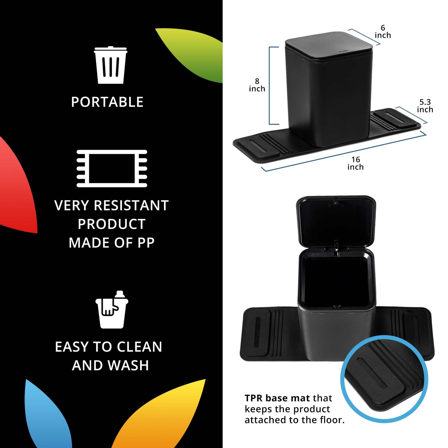 Car Trash Can, Car Trash Can with Lid, Mini Trash Can for Car and Car Organizer Bin, 6 Inches x 6 Inches x 8 inches, 0.8 Gallon, Black